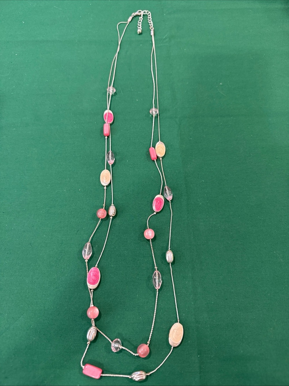 Pink, Peach, Silver Beaded Double Stand Necklace 78F